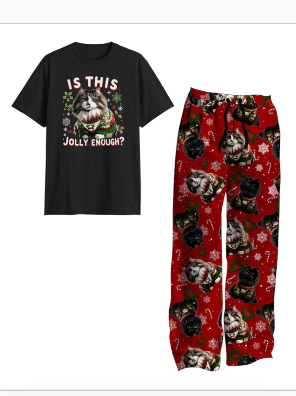 MAD ENGINE "Is This Jolly Enough?" Cat Holiday T-Shirt and pant set size XL